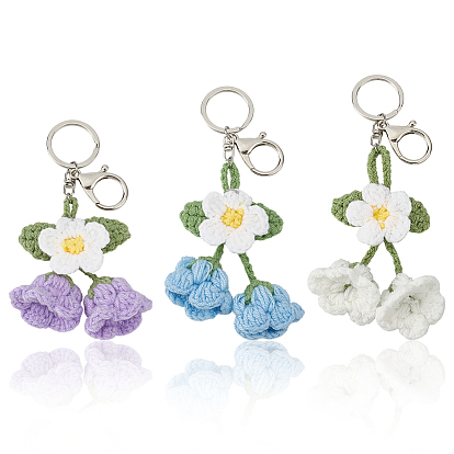 3шт. шерстяные брелоки с цветами, с легкосплавными кольцами и застежками, платина