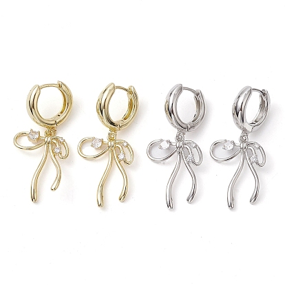 Bowknot Brass Dangle Hoop Earrings, with Clear Cubic Zirconia, Long-Lasting Plated, Lead Free & Cadmium Free