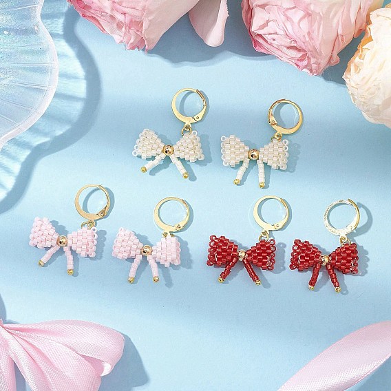 3 пары 304 серьги-рычаги из нержавеющей стали для женщин, с подвесками из плетеного стекла в виде банта, золотые