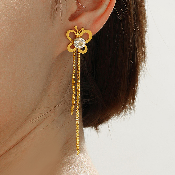 Элегантная полая кисточка-бабочка 201 серьги-гвоздики из нержавеющей стали, со стразами