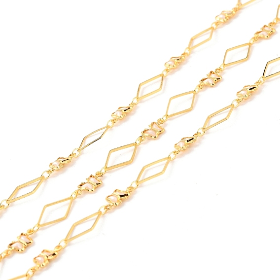 Handmade Brass Link Chains, with Glass, Long-Lasting Plated, Soldered, with Spool, Rhombus & Butterfly, Golden