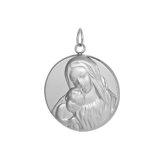 День матери 304 кулоны из нержавеющей стали, плоский круглый с подвесками Девы Марии, с целью перехода в кольце