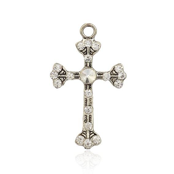 Тибетском стиле сплав горный хрусталь подвески, латинский крест Fleuree, античное серебро, 49.5x30x5 мм, отверстие : 4 мм