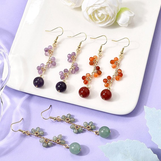 3Pair Natural Amethyst & Natural Carnelian &Natural Green Aventurine Round Dangle Earrings
