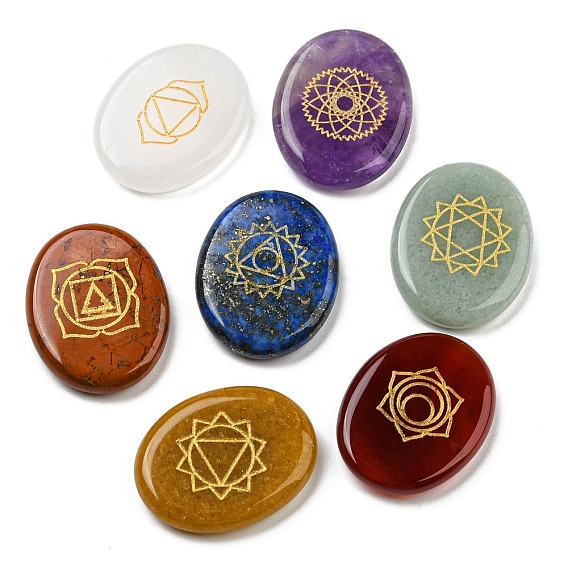 Natural Gemstone Cabochons, Oval with Gold Tone Chakra Pattern