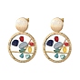 Brass Dangle Stud Earrings, with Ear Nuts, Epoxy Resin Pendants, Gemstone Chip, Glass and Alloy Open Back Bezel, Flat Round