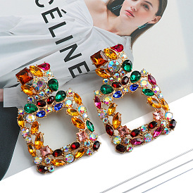 Geometric Colorful Crystal Hollow Earrings with Personality and High-end Style