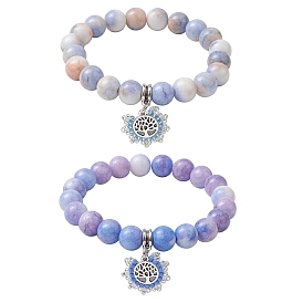 2Pcs 2 Colors 10.5mm Round Opaque Crackle Glass Beaded Stretch Bracelet Sets, Alloy Tree of Life Charm Bracelets