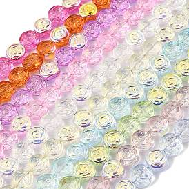 Electroplate Baking Paint Transparent Glass Beads Strands, Flat Round with Rose Flower, AB Color Plated