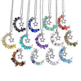 Natural & Synthetic Mixed Stone Chips Moon with Alloy Star Pendant Necklaces, with Stainless Steel Chains