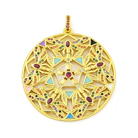 Real 18K Gold Plated Brass Micro Pave Cubic Zirconia Pendants, with Enamel, Flat Round