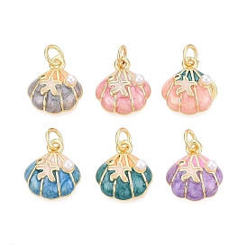 Латунь эмаль прелести, с имитацией жемчуга из АБС-пластика и прозрачными кубическими циркониями., подвески в форме ракушек, золотые