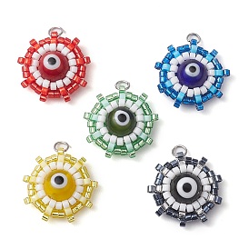 Glass & Seed Bead Woven Pendants, with Lampwork Beads, Evil Eye, with Jump Ring