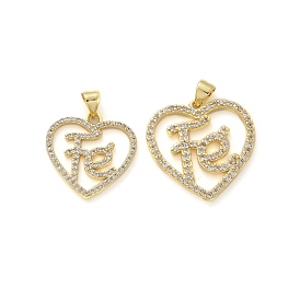 Латунные микропаве прозрачные подвески с фианитом, сердце со словом fe долговечное покрытие, без свинца и без кадмия