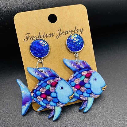 Серьги-гвоздики из сплава и акрила, рыба с плоским круглым
