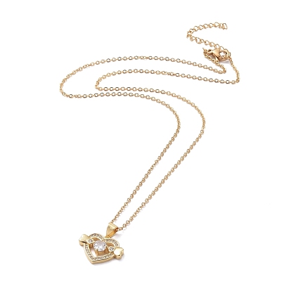 304 Stainless Steel Chain Necklaces, with  Love Heart Brass Micro Pave Cubic Zirconia Pendants for Women