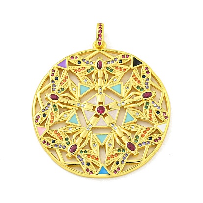 Real 18K Gold Plated Brass Micro Pave Cubic Zirconia Pendants, with Enamel, Cadmium Free & Nickel Free & Lead Free, Flat Round