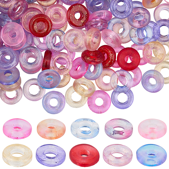 100шт. 10 цвета прозрачные, окрашенные аэрозольной краской стеклянные европейские бусины, бусины с большим отверстием, с золотой фольгой, пончик