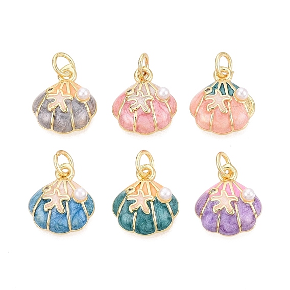 Латунь эмаль прелести, с имитацией жемчуга из АБС-пластика и прозрачными кубическими циркониями., подвески в форме ракушек, золотые