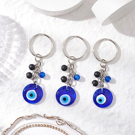 3шт. брелки ручной работы с эффектом сглаза, с круглыми бусинами из искусственного нефрита, окрашенными в технике выпекания, и железными разъемными кольцами для ключей