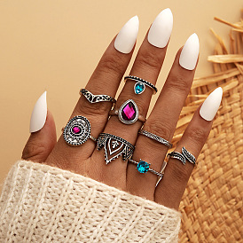Stylish Colorful Diamond Water Drop Ring Set with Vintage Crown Joint Rings - 8 Pieces