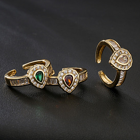 Retro Geometric Waterdrop Open Ring for Women with 18K Gold Plating and Zircon Stones