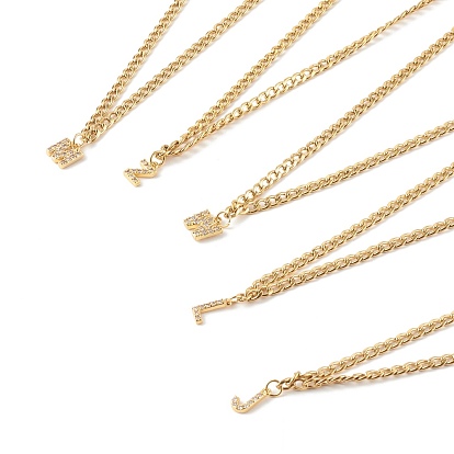 Brass Micro Pave Clear Cubic Zirconia Initial Pendant Necklaces, with Curb Chains, Mixed Letter