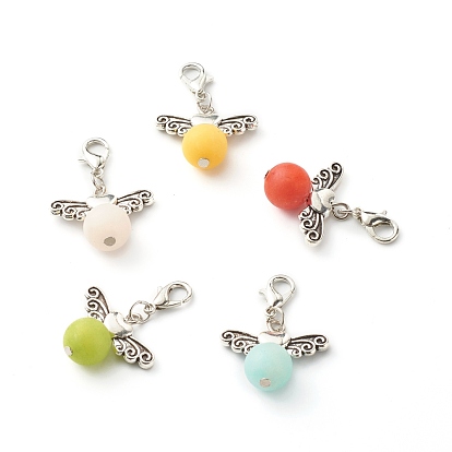 Dyed Natural White Jade Pendants, with Tibetan Style Alloy Heart Beads and Zinc Alloy Lobster Claw Clasps, Frosted, Round