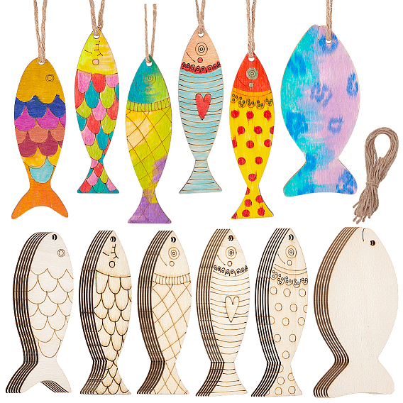 36шт 6 стили необработанные деревянные подвесные украшения, с джутовым шпагатом, рыба