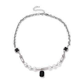 Octagon Rhinestone Charm Necklace for Women, Imitation Pearl Beads Necklace, Jet