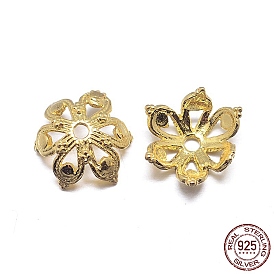Real 18K Gold Plated 6-Petal 925 Sterling Silver Bead Caps, Flower, 8.5x4mm, Hole: 1.5mm, about 51pcs/20g