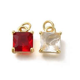 Brass Charms, with Glass and Jump Ring, Real 18K Gold Plated, Square