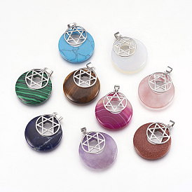 Gemstone Pendants, for Jewish, with Platinum Tone Brass Findings, Flat Round with Star of David