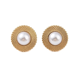 Ion Plating(IP) 304 Stainless Steel with ABS Imitation Pearl Stud Earrings for Women, Flat Round