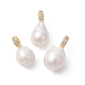 Подвески из натурального барочного жемчуга кеши, Овальные подвески с латунными микропаве из прозрачного кубического циркония и застежками-пряжками., белые