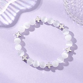 Браслеты из натуральных селенитовых бусин, украшения из латуни для женщин, круглый и крест, платина