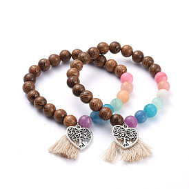Cuentas de jade blanco natural estirar pulseras con dijes, con borla de hilo de algodón, cuentas de madera natural y corazón con colgantes de aleación de árbol