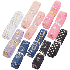 20 Yards 10 Style Polyester Elastic Ribbon, Flat with Gold Pattern, for Gift Decoration, Garment Accessories
