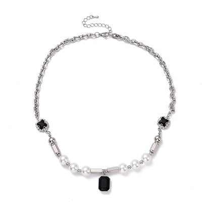 Octagon Rhinestone Charm Necklace for Women, Imitation Pearl Beads Necklace, Jet