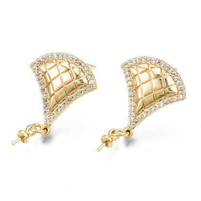 Brass Micro Pave Cubic Zirconia Stud Earring Findings, with 925 Sterling Silver Pins and Cup Peg Bails, for Half Drilled Bead, Cadmium Free & Nickel Free & Lead Free, Grooved Fan