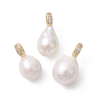 Подвески из натурального барочного жемчуга кеши, Овальные подвески с латунными микропаве из прозрачного кубического циркония и застежками-пряжками., белые