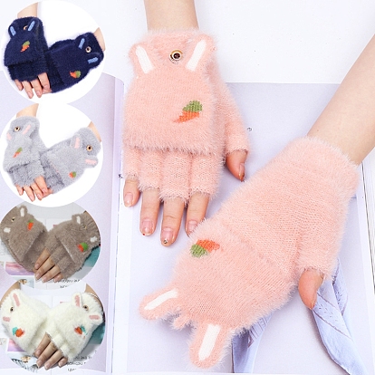 Convertible Velvet Fingerless Gloves, Cute Women Winter Warm Gloves, Half Capped 2 in 1 Combo Mitten, Rabbit