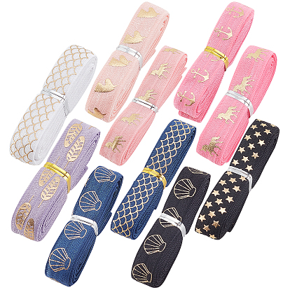 20 Yards 10 Style Polyester Elastic Ribbon, Flat with Gold Pattern, for Gift Decoration, Garment Accessories
