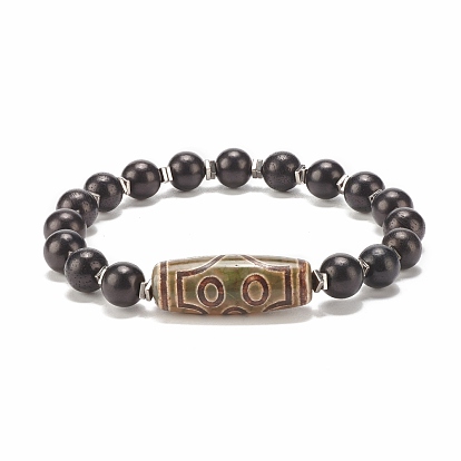 Mala Bead Bracelet, Natural Tibetan Style dZi Agate & Wood & Synthetic Hematite Beaded Stretch Bracelet for Women