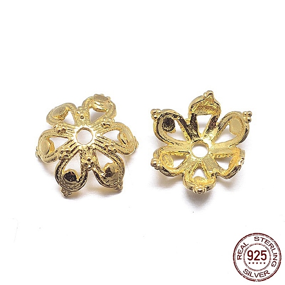 Real 18K Gold Plated 6-Petal 925 Sterling Silver Bead Caps, Flower, 8.5x4mm, Hole: 1.5mm, about 51pcs/20g