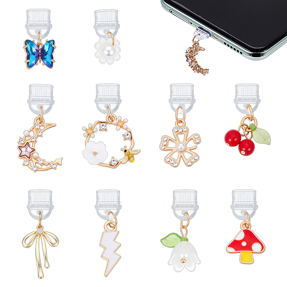 10шт пластиковые мобильные пылезащитные заглушки, с подвесками из сплава и акрила, разнообразные