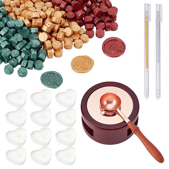 Kits de fabrication de tampons à faire soi-même, y compris poêle à cire à cacheter rond, sceller les particules de cire, cuillère en laiton, stylo gel scintillant en plastique, bougies de paraffine
