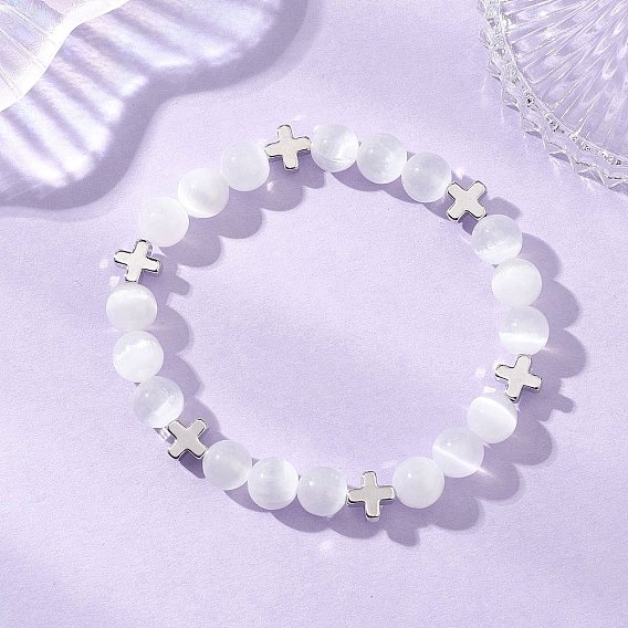Браслеты из натуральных селенитовых бусин, украшения из латуни для женщин, круглый и крест, платина