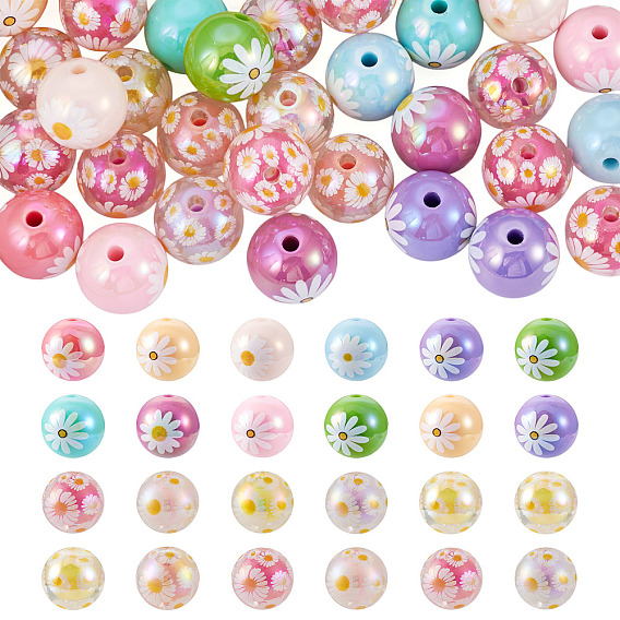 30Pcs 2 Styles Printed Transparent & Opaque Acrylic Beads, Bead in Bead, Round with Daisy
