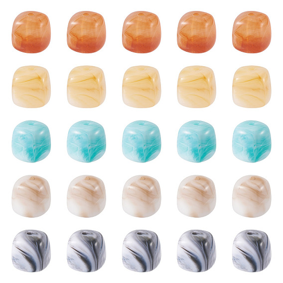 50Pcs 5 Colors Opaque Acrylic Beads, Imitation Gemstone, Cube, Two Tone